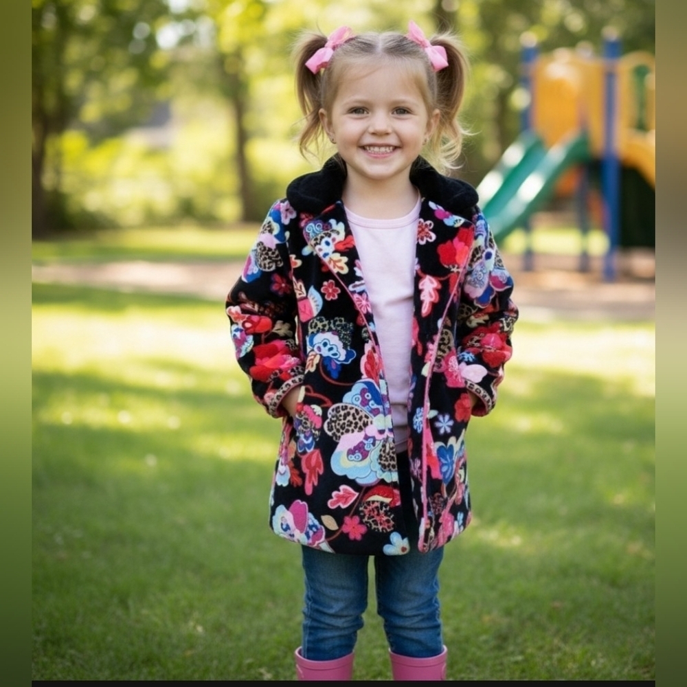 Children' Place Black Multicolored Floral Velvet Peacoat Leopard Details S 5/6